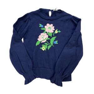 Janie and Jack Girls Navy Blue Floral Intarsia Puff Sleeve Knit Sweater Size 7